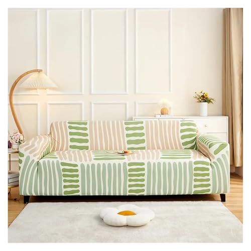 HXPKKX KANGYEBAIHUODIAN Passend for Sofabezug Lazy Double Armrest All-Inclusive Sofabezug Stretch Knit Atmungsaktives Sofakissen Italienisch Einfach Kratzfest(Beige Green Stripes,90-140cm) von HXPKKX