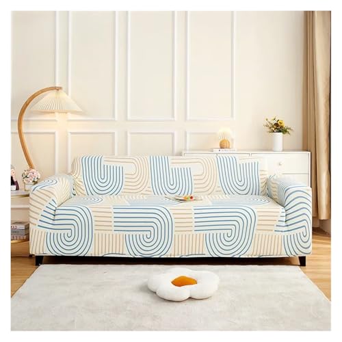 HXPKKX KANGYEBAIHUODIAN Passend for Sofabezug Lazy Double Armrest All-Inclusive Sofabezug Stretch Knit Atmungsaktives Sofakissen Italienisch Einfach Kratzfest(Geometry-Blue,90-140cm) von HXPKKX