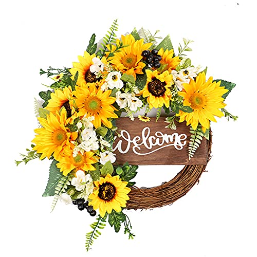 HXRZZG Künstliche Sonnenblumenkranz, Sonnenblumenkranz, Willkommenskranz, Eingangstür, Frühjahrskranz mit gelben Sonnenblumen, grünen Blättern für Dekoration von HXRZZG