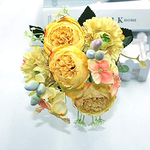 HXSCOO Neu 2021 rosa Seide Pfingstrose Kunstblumenstrauß 5 große Köpfe 4 Knospen billige Kunstblumen, geeignet for Familienhochzeitsdekor (Color : Style2 Yellow) von HXSCOO