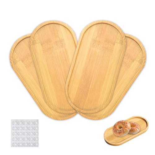 4 Stück Bambus Tablett Klein, 17,5 x 8,7 x 0,9 cm Holztabletts Serviertablett, Klein Teetablett Tablett Bamboo Coaster mit Rutschfesten Selbstklebepunkten für Untersetzer Tee Kaffee Kuchen von HXSYKJDM
