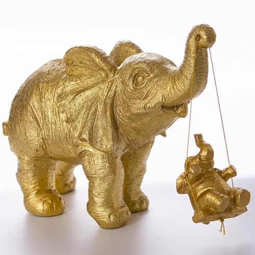 HXTNool Elefanten Deko Statue,Elefant Figuren,Babyelefantenschaukel Skulptur Geschenke,Harz Handwerk Ornamente Geschenke,Deko für BüRo,Fensterbank,Regal,Wohnung Little Deco (Gold,groß) von HXTNool