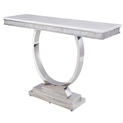 HXUHUWS Eleganter und funktionaler Sofatisch in Weiß und Silber mit Kunstmarmorplatte, modernes Design, stabiles Edelstahlgestell von HXUHUWS