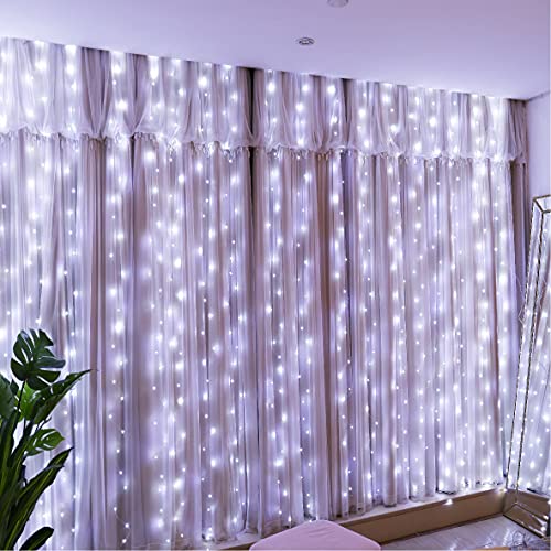 HXWEIYE Lichterkette mit 300 LEDs, kaltweiß, Lichtervorhang, 3 m x 3 m, 8 Beleuchtungsmodi, USB, Fernbedienung, Lichterkette, mit Timer, für Weihnachten, Hochzeit, Geburtstag, Fenster, Haus von HXWEIYE