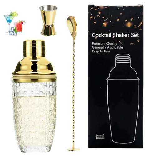 Glas Cocktailshaker, 400ML Cocktail Shaker Set, Strickmuster Gold Klarglas Cocktail Shaker Set, Cocktail Shaker, Boston Shaker, Gläser Shaker für Whisky Home Bar Drinkware, Gemischte Säfte von HXXWEUS