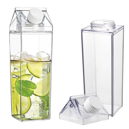 HXXWEUS 2 Stück Milchkarton Wasserflasche, 1000 ml Klare Wasserflasche, Quadratische Milchflasche Transparentem Milchkarton, Saftbehälterflasche, Wiederverwendbar, für Picknicks von HXXWEUS