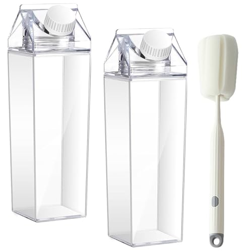 HXXWEUS 2 Stück Milchkarton Wasserflasche, 1000 ml Transparentem Milchkarton, Hohe Kapazität Klare Wasserflasche, Wiederverwendbar Quadratische Milchflasche, Saftbehälterflasche mit Pinsel von HXXWEUS