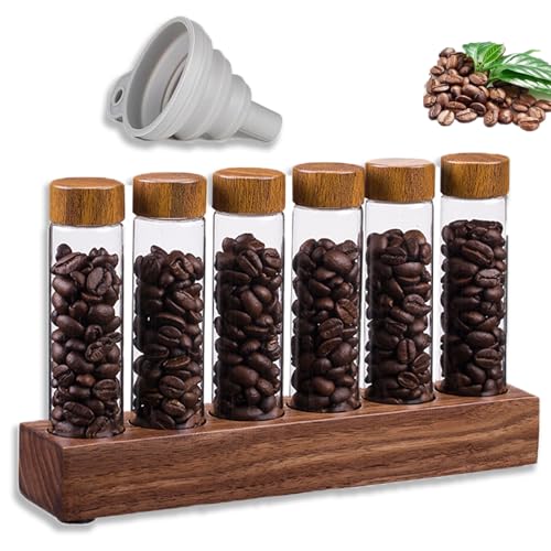 HXXWEUS Kaffeebohnen Behälter, Glas Kaffeedosen mit Holzständer, 6 Röhrchen Kaffeebohnenbehälter, Versiegelte Röhren zur Aufbewahrung von Kaffeebohnen, Aufbewahrung Röhrchen Set für Espresso Bohnen von HXXWEUS