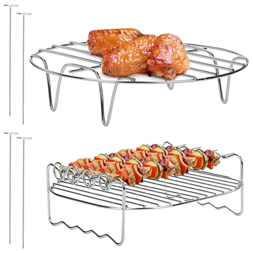 Heißluftfritteuse Grillrost und Dämpfen Rack, 7in Airfryer Zubehör, Wiederverwendbar Air Fryer Rack Set, mit 4 Backnadeln, Edelstahl Mehrzweck Doppelschicht Rack, Für Heißluftfritteusen(Silbrig) von HXXWEUS