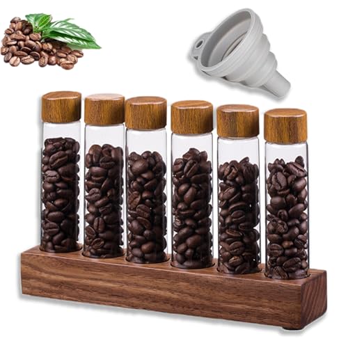 Kaffeebohnen Behälter, Glas Kaffeedosen mit Holzständer, 6 Röhrchen Kaffeekapsel Glas, Kaffeebohne Display, mit Trichterverschlußrohr, Aufbewahrung Röhrchen Set für Espresso Bohnen, Tee, Kaffee(12cm) von HXXWEUS