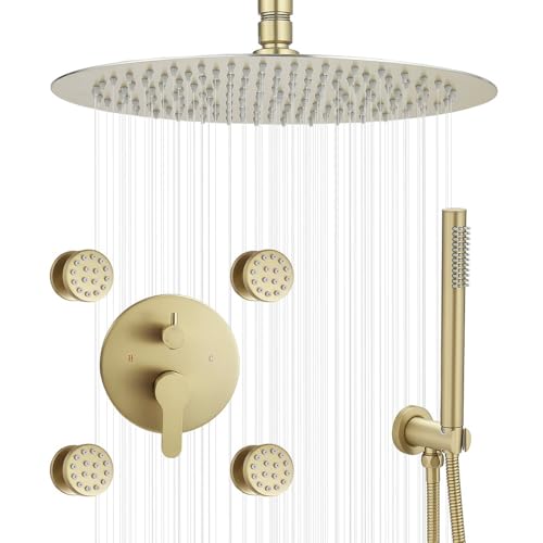 HXYHS Gebürstetes Gold Rund Duscharmatur Set mit Körperdüsen 16 Zoll Duschkopf Handbrause Combo Set Hochdruck Deckenhalterung mit Rauhventil von HXYHS