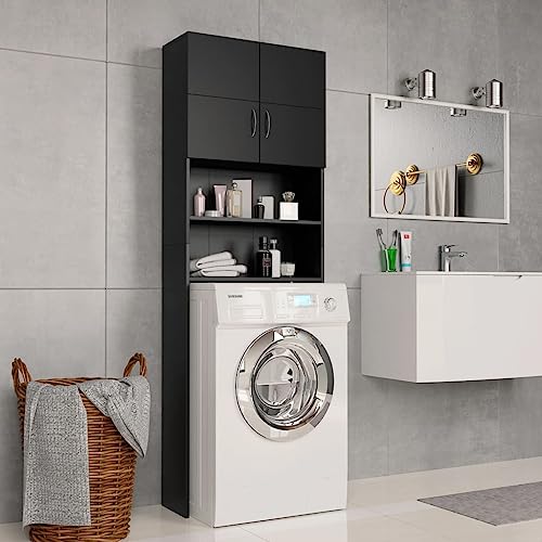 HXZZXS Waschmaschinenschrank mit Türen, schwarz, aus mehrschichtigem Holz, 64 x 25,5 x 190 cm, Badezimmerschrank mit Türen, Waschmaschinenschrank von HXZZXS