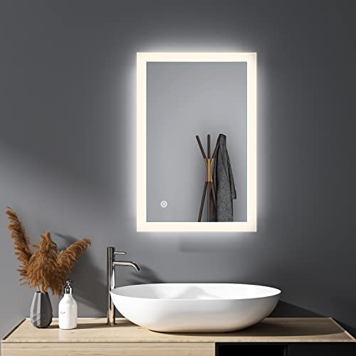 HY-RWML Badspiegel 40x60cm Beleuchtung LED Spiegel 3 Lichtfarbe Wandspiegel Badezimmerspiegel Touch Schalter WandSchalter Rechteckiger Kaltweiß 6500K IP67 energiesparend A++ Badezimmer Wohnzimmer von HY-RWML