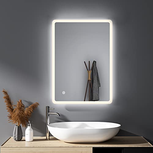 HY-RWML Badspiegel 40x60cm Beleuchtung LED Spiegel Wandspiegel 3 Lichtfarbe Badezimmerspiegel mit Beschlagfrei Touch Schalter Rechteckiger Kaltweiß 6500K IP67 energiesparend A++ Badezimmer Wohnzimmer von HY-RWML