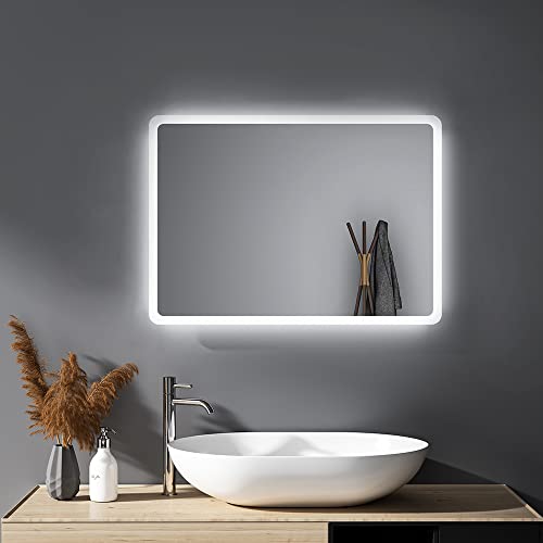 HY-RWML Badspiegel mit Beleuchtung 40x60cm Wandspiegel WandSchalter Badezimmerspiegel Rechteckiger LED 6500K Kaltweiß IP67 energiesparend horizontaler und vertikaler Einbau A++ von HY-RWML