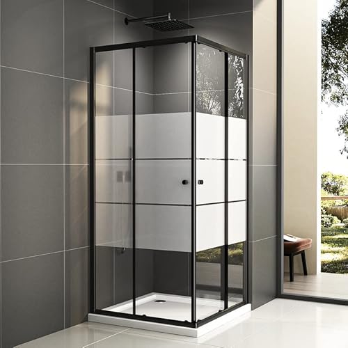 Duschkabine 75x90 cm, Schwarz Doppel Schiebetür Milchglas Streife Eckeinstieg Duschwand Duschabtrennung ESG Sicherheisklarglas Schnelle Installation Höhe 185cm Links Rechts Montierbar von HY-RWML