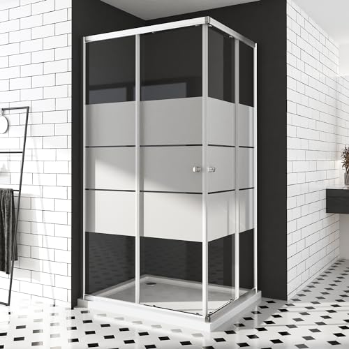 Duschkabine 80x80 cm, Doppel Schiebetür Milchglas Streife Eckeinstieg Duschwand Duschabtrennung 6mm ESG Sicherheisklarglas Schnelle Installation Höhe 185cm von HY-RWML