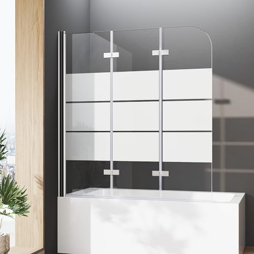 Duschtrennwand Badewanne 140x140cm 3 teilig Milchglas Dekor Querstreifen Faltwand für Badewanne Duschabtrennung 6mm NANO Glas ESG Sicherheitsglas Duschwand von HY-RWML