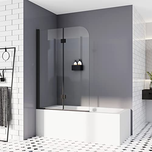 Duschwand für Badewanne 100 x 140 cm Schwarz Duschabtrennung Sicherheitsglas Faltwand Badewanne NANO Glas Badewannenaufsatz 6mm ESG Duschwand von HY-RWML