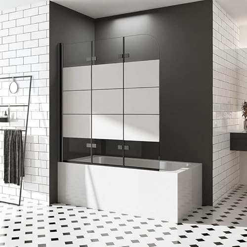 Duschwand für Badewannen 120 x 140 cm 3 teilig Schwarz faltbar Dekor Querstreifen Sicherheitsglas hell Faltwand Duschabtrennung Duschwand Nano Glas von HY-RWML