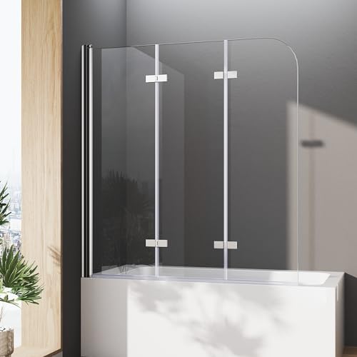 Duschwand für Badewannen 120 x 140 cm 3 teilig faltbar Duschabtrennung Sicherheitsglas hell Duschwand Duschabtrennung Nano Glas von HY-RWML