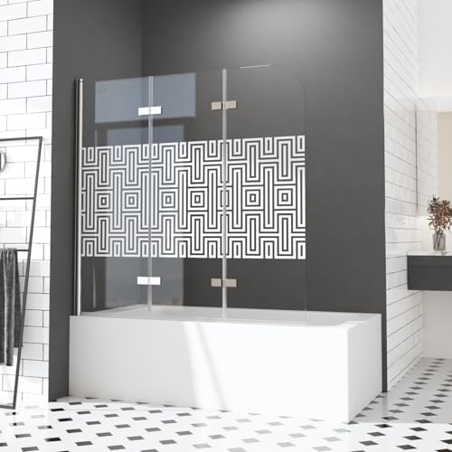 Duschwand für Badewannen 140 x 140 cm 3 teilig faltbar mit Weißes Dekoratives Rücklaufmuster Duschabtrennung Sicherheitsglas Nano Glas hell Duschwand Duschabtrennung von HY-RWML