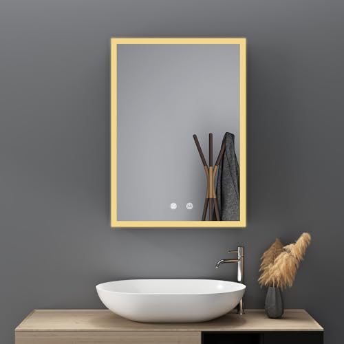 HY-RWML Badezimmerschrank mit LED Beleuchtung 50 x 70 x 13 cm Badezimmer Spiegelschrank mit Steckdose Badschrank mit Spiegel und Verstellbaren Ablagen,Beschlagfrei,3 Farbtemperatur Dimmbare von HY-RWML