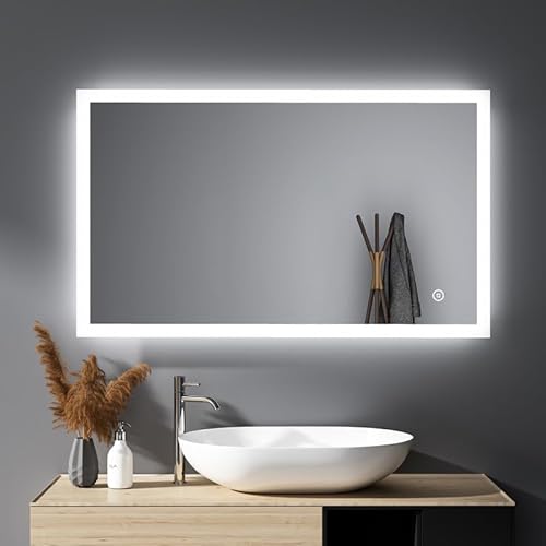 HY-RWML Badspiegel 100x60cm Badezimmerspiegel mit Beleuchtung Touch Schalter 3 Lichtfarbe Rechteckiger Wandspiegel Warmweißes Kaltweiß 6500K Energieklasse A++ für Badezimmer Wohnzimmer von HY-RWML