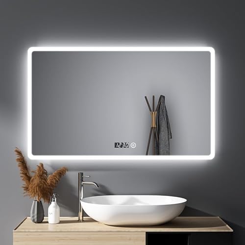 HY-RWML Badspiegel 100x60cm Badezimmerspiegel mit Beleuchtung Uhr 3 Lichtfarbe Touch Schalter Rechteckiger Wandspiegel Kaltweiß Warmweißes 6500K Energieklasse für Badezimmer Wohnzimmer von HY-RWML