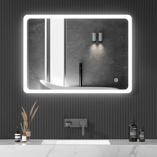 HY-RWML Badspiegel 50x70cm Beleuchtung LED Spiegel Wandspiegel 3 Lichtfarbe Badezimmerspiegel mit Beschlagfrei Touch Schalter Rechteckiger Kaltweiß 6500K IP67 energiesparend Badezimmer Wohnzimmer von HY-RWML