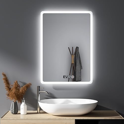 HY-RWML Badspiegel 50x70cm Wandspiegel Badezimmerspiegel Touch Schalter Uhr 3 Lichtfarbe mit Beleuchtung Rechteckiger Warmweißes Kaltweiß 6500K Energieklasse von HY-RWML