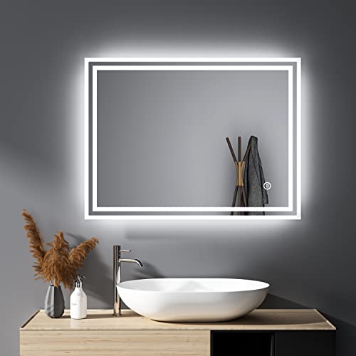 HY-RWML Badspiegel 80x60cm Badezimmerspiegel 3 Lichtfarbe mit Beleuchtung Touch Schalter Rechteckiger Wandspiegel Kaltweiß 6500K Energieklasse A++ für Badezimmer Wohnzimmer von HY-RWML