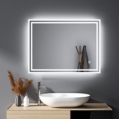 HY-RWML Badspiegel 80x60cm Badezimmerspiegel mit Beleuchtung 3 Lichtfarbe Touch Schalter Rechteckiger Wandspiegel Kaltweiß 6500K Energieklasse A++ für Badezimmer Wohnzimmer von HY-RWML