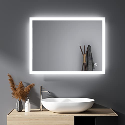 HY-RWML Badspiegel 80x60cm Badezimmerspiegel mit Beleuchtung Touch Schalter 3 Lichtfarbe Rechteckiger Wandspiegel Kaltweiß Warmweißes 6500K Energieklasse A++ für Badezimmer Wohnzimmer von HY-RWML