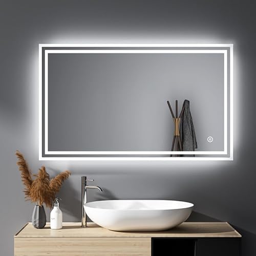 HY-RWML Badspiegel mit Beleuchtung 100x60cm Badezimmerspiegel Touch Schalter 3 Lichtfarbe Rechteckiger Wandspiegel Warmweißes Kaltweiß 6500K Energieklasse A++ für Badezimmer Wohnzimmer von HY-RWML