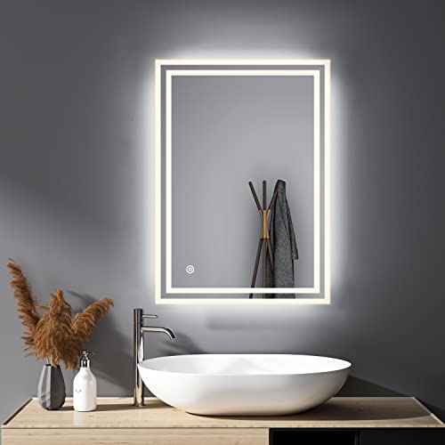 HY-RWML Badspiegel mit Beleuchtung 40x60cm 3 Lichtfarbe Touch-Schalter Wandspiegel WandSchalter Badezimmerspiegel Rechteckiger LED Kaltweiß 6500K energiesparend horizontaler vertikaler Einbau A++ von HY-RWML