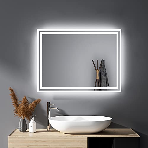 HY-RWML Badspiegel mit Beleuchtung 40x60cm Wandspiegel WandSchalter Badezimmerspiegel Rechteckiger LED Kaltweiß 6500K IP67 energiesparend horizontaler vertikaler Einbau A++ von HY-RWML