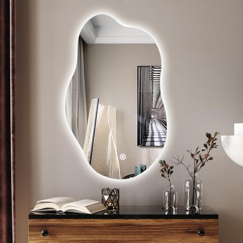 HY-RWML Badspiegel mit Beleuchtung 52 x 85 cm 3 Lichtfarbe Dimmbar Touch Schalter Asymmetrischer Wandspiegel Kaltweiß Neutral Warmweißes Badezimmerspiegel 3000K-6500K für Badezimmer Wohnzimmer von HY-RWML