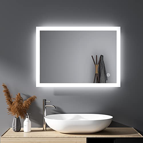 HY-RWML Badspiegel mit Beleuchtung 70x50cm Badezimmerspiegel 3 Lichtfarbe Touch Schalter Rechteckiger Wandspiegel Kaltweiß Warmweißes 6500K Energieklasse A++ für Badezimmer Wohnzimmer von HY-RWML