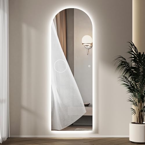 HY-RWML Ganzkörperspiegel mit Beleuchtung mit 10x Lupe 150 x 50 cm 3 Lichtfarbe Bogen Standspiegel LED Wandspiegel mit Touch-Schalter von HY-RWML