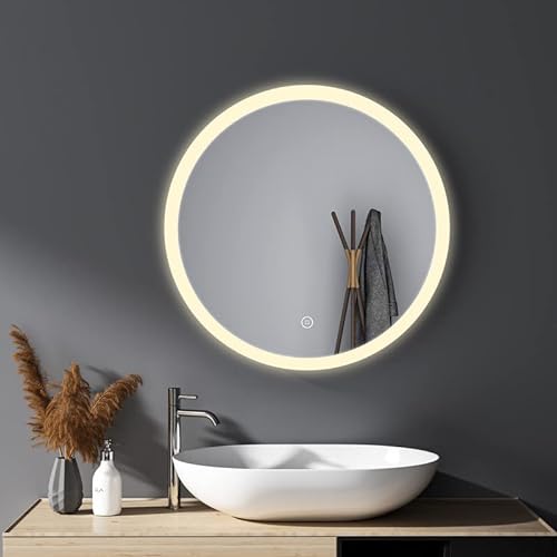 HY-RWML Spiegel Rund 60cm Runder Wandspiegel 3 Lichtfarbe mit Beleuchtung Touch Schalter LED Badspiegel Badezimmerspiegel Kaltweiß Warmweiß 6500K Neutral energiesparend A++ von HY-RWML
