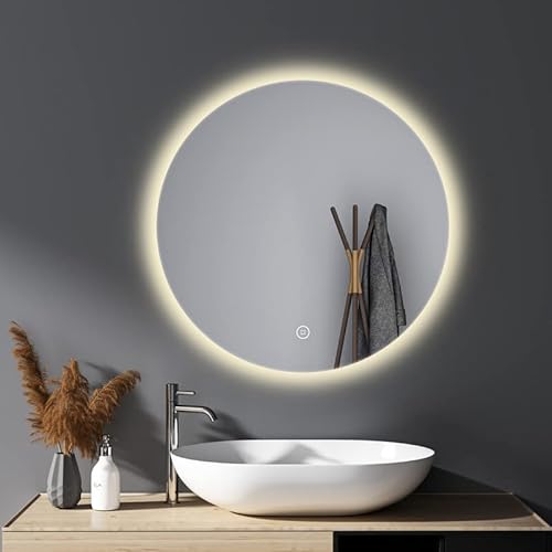 HY-RWML Spiegel Rund 60cm Runder Wandspiegel Beleuchtung Touch Schalter 3 Lichtfarbe LED Badspiegel Badezimmerspiegel Hintergrundbeleuchtung Warmweiß Kaltweiß Neutral 6500K energiesparend A++ von HY-RWML