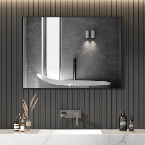 HY-RWML Spiegel Schwarz 40x60 cm Wandspiegel Rechteckiger Edelstahl Wandmontage Kosmetikspiegel für Badezimmer Wohnzimmer Glatte Spiegeloberfläche horizontaler vertikaler Einbau von HY-RWML