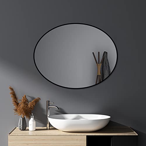 HY-RWML Spiegel Schwarz 50x70 cm Wandspiegel oval Wandmontage Edelstahl Kosmetikspiegel für Badezimmer Wohnzimmer Glatte Spiegeloberfläche horizontaler vertikaler Einbau von HY-RWML