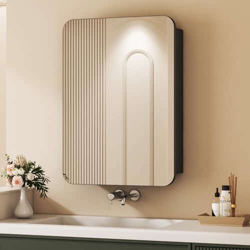 HY-RWML Spiegelschrank,50x70x12,5cm Badezimmer Spiegelschrank,Wandaufbewahrung mit Spiegel mit Verstellbare Glasablage,Rechteck mit Abgerundeten Ecken von HY-RWML