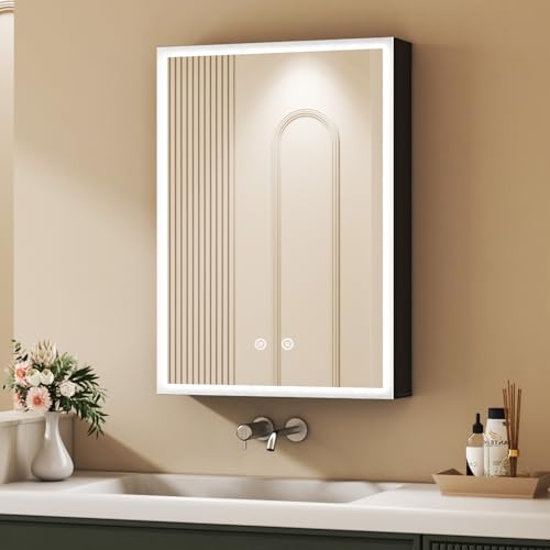 HY-RWML Spiegelschrank,Badezimmerschrank mit LED Beleuchtung 50 x 70 x 12,5 cm Badezimmer Spiegelschrank mit Verstellbaren Ablagen und Berührung Sensorschalter,3 Farbtemperatur Dimmbare,Beschlagfrei von HY-RWML