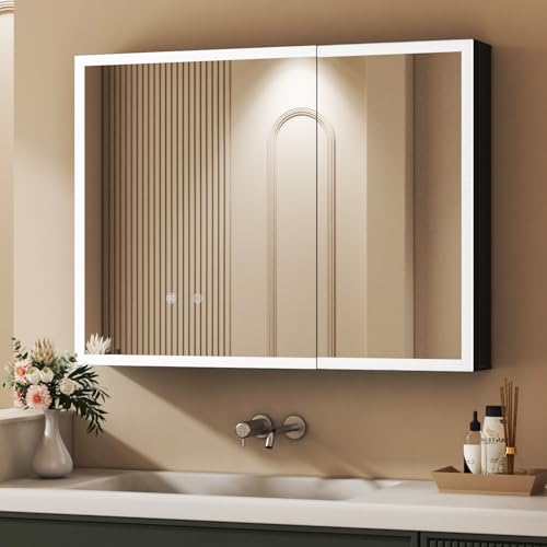 HY-RWML Spiegelschrank,Badezimmerschrank mit LED Beleuchtung 60 x 80 x 13 cm Badezimmer Spiegelschrank mit Verstellbaren Ablagen und Steckdose,3 Farbtemperatur Dimmbare,Beschlagfrei von HY-RWML