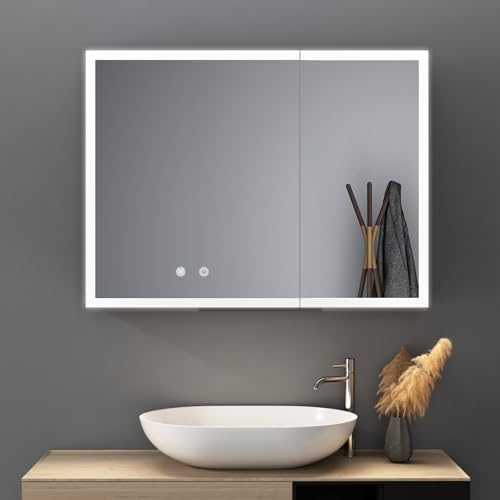 HY-RWML Spiegelschrank Bad mit Beleuchtung,LED Badezimmerschrank Badezimmer Spiegelschrank mit Verstellbaren Ablagen und Steckdose,Beschlagfrei,3 Farbtemperatur Dimmbare(60 x 80 x 13 cm) von HY-RWML
