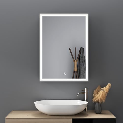 HY-RWML Spiegelschrank Bad mit Beleuchtung 50 x 70 x 12,5 cm LED Badezimmerschrank Badezimmer Spiegelschrank mit Verstellbaren Ablagen,3 Farbtemperatur Dimmbare,Berührung Sensorschalter von HY-RWML