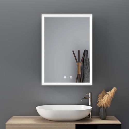 HY-RWML Spiegelschrank Bad mit Beleuchtung 50 x 70 x 13 cm LED Badezimmerschrank Badezimmer Spiegelschrank mit Verstellbaren Ablagen und Steckdose,Beschlagfrei,3 Farbtemperatur Dimmbare von HY-RWML